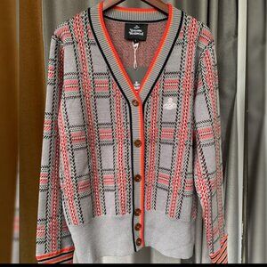 Vivienne Westwood Checked Knit Cardigan (L, Gray/Red)